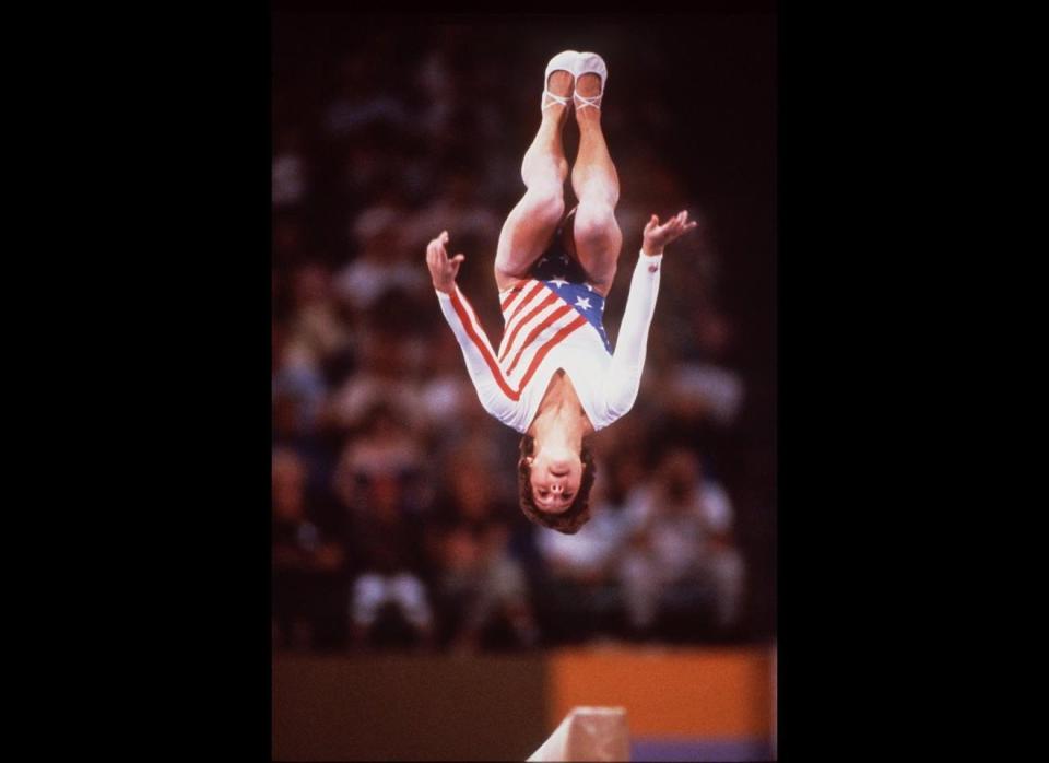 Mary Lou Retton during the 1984 Olympics in Los Angeles where she took first overall.