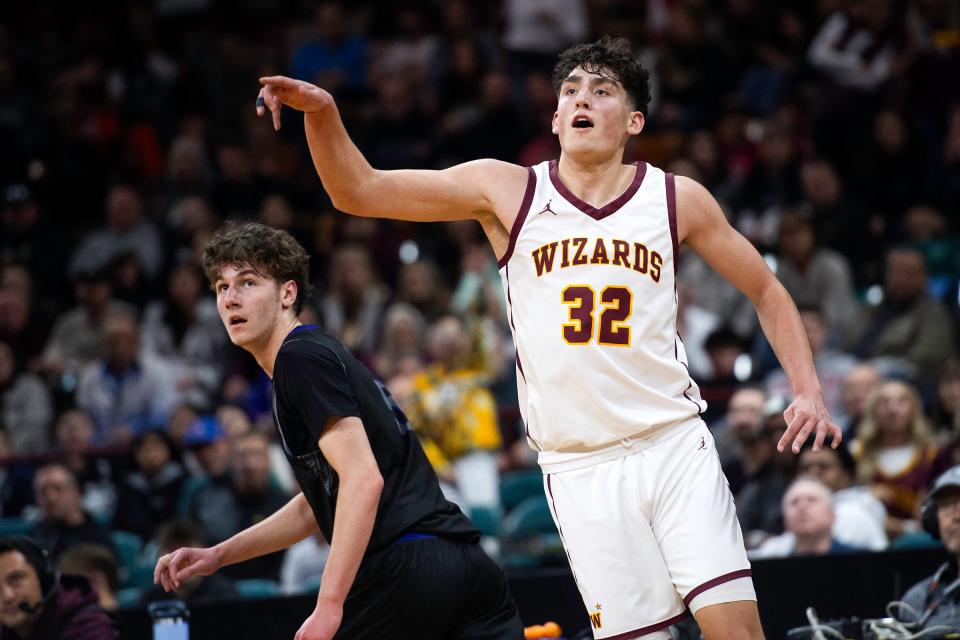 Windsor's Johnathan Reed reacts after hitting a shot during a class 5A state championship game against Mesa Ridge at the Denver Coliseum on Saturday.