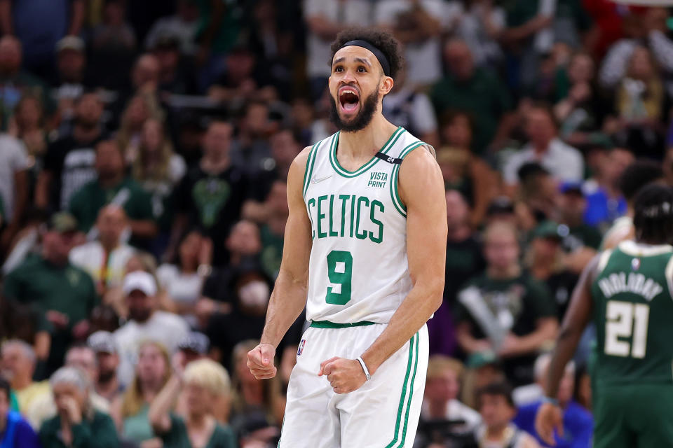 Boston Celtics guard Derrick White will miss Game 2 of the Eastern Conference Finals.  (Stacy Revere/Getty Images)