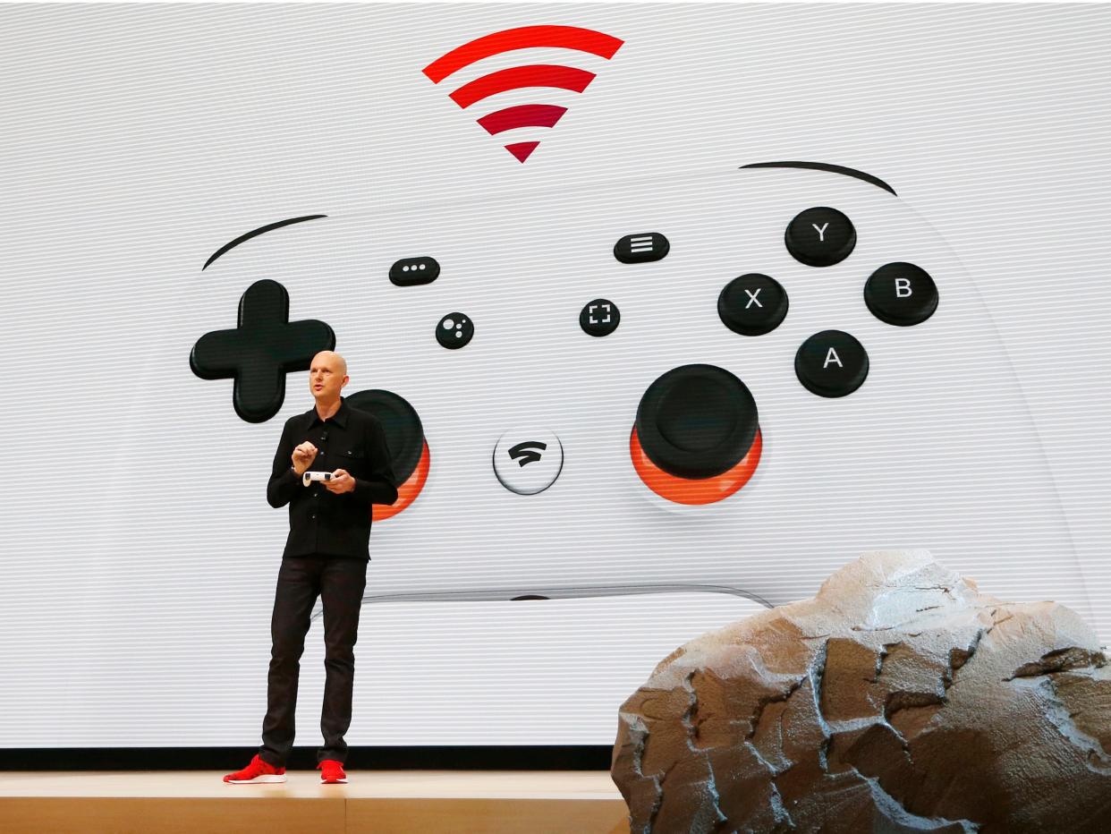 FILE PHOTO: Google vice president and general manager Phil Harrison speaks during a Google keynote address announcing a new video gaming streaming service named Stadia that attempts to capitalize on the company's cloud technology and global network of data centers, at the Gaming Developers Conference in San Francisco, California, U.S., March 19, 2019. REUTERS/Stephen Lam