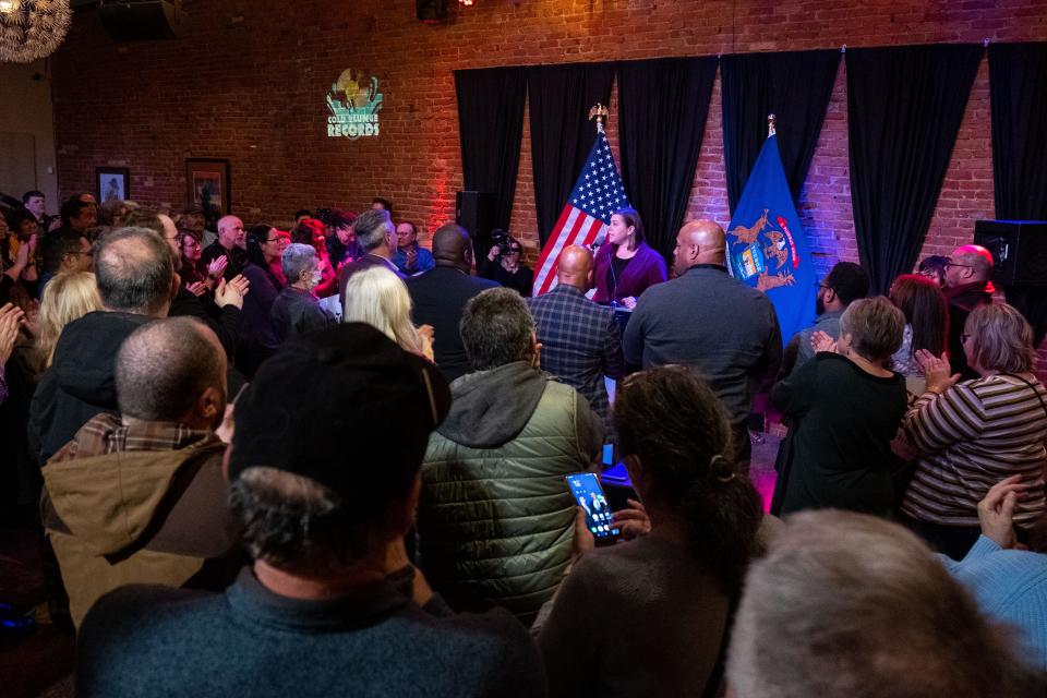 Lansing Congresswoman Elissa Slotkin kicks off her campaign for U.S. Senate at the UrbanBeat bar in Lansing on March 6, 2023.