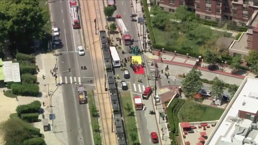 According to preliminary information released by the Los Angeles Fire Department, the crash occurred at 11:54 a.m. on Tuesday, April 29, on Exposition Boulevard between Normandie Avenue and Figueroa Street near the campus of USC. (KTLA)