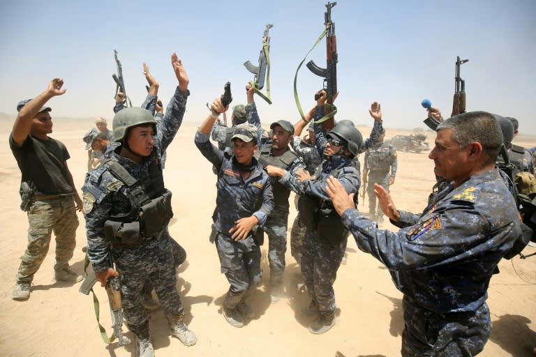 Pro-government fighters celebrate in the al-Sejar village, in Iraq's Anbar province, on May 27, 2016, as they take part in a major assault to retake Fallujah