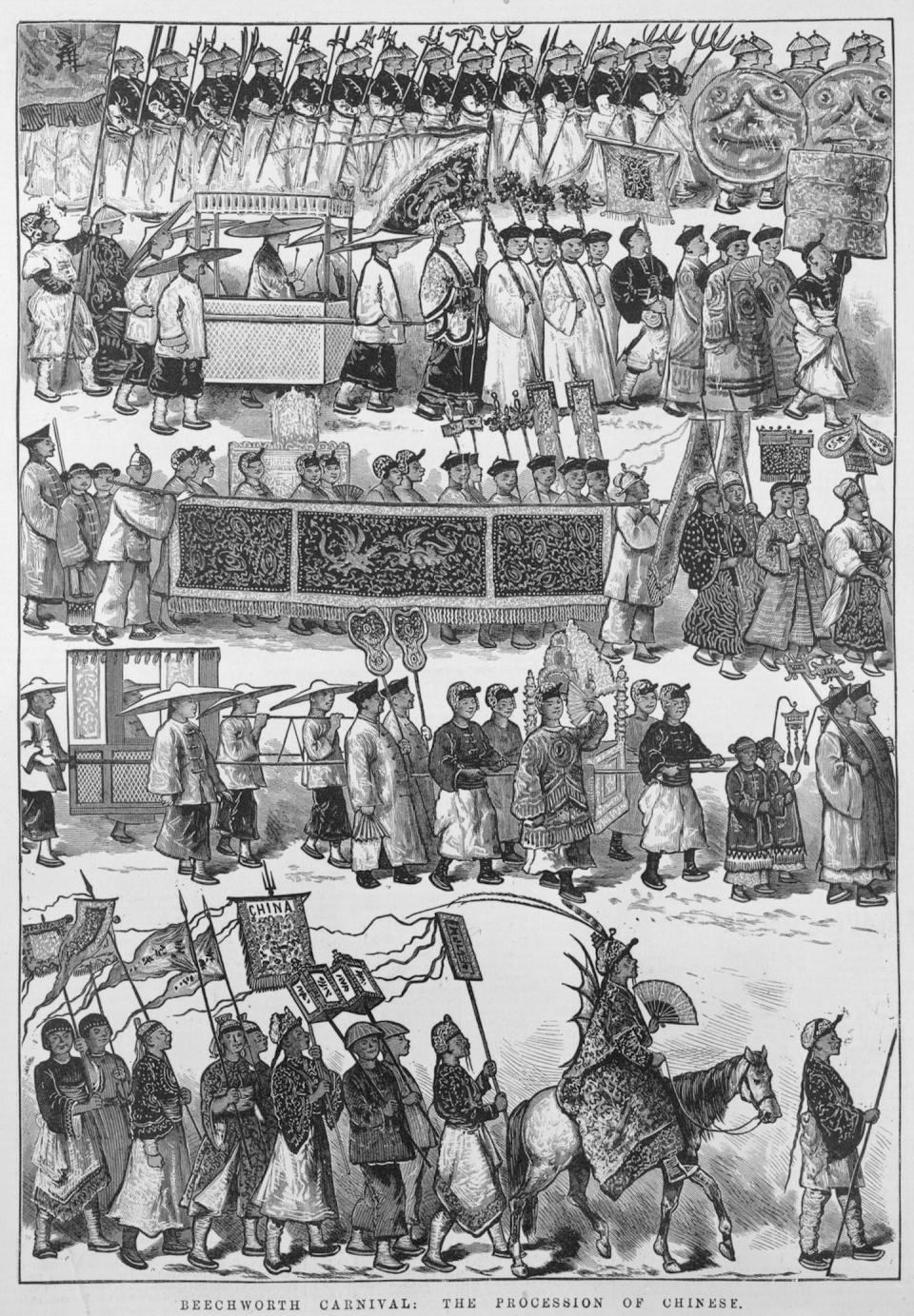 This wood engraving from 1874 portrays a Chinese procession at the Beechworth carnival. <a href="https://find.slv.vic.gov.au/permalink/61SLV_INST/1sev8ar/alma9916553743607636" rel="nofollow noopener" target="_blank" data-ylk="slk:State Library of Victoria;elm:context_link;itc:0;sec:content-canvas" class="link ">State Library of Victoria</a>