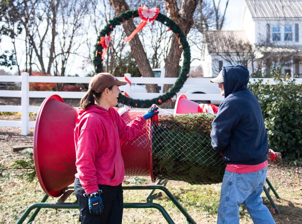 Part owner of Mystic farm, Christiane Plumier and also Part owner, Chip Fink , help a customer wrap a tree, at Mystic Farm, in Greenville, ,Monday, November 30, 2021. 