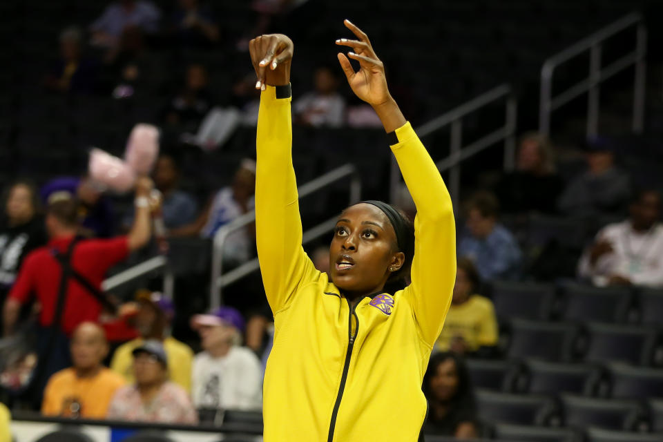 LOS ANGELES, CA - AUGUST 20: Los Angeles Sparks forward Chiney Ogwumike #13 before the Minnesota Lynx vs Los Angeles Sparks game on August 20, 2019, at Staples Center in Los Angeles, CA. (Photo by Jevone Moore/Icon Sportswire via Getty Images)