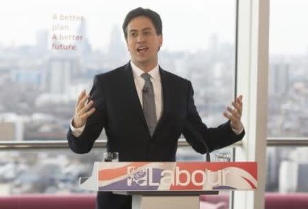 Britain's opposition Labour Party leader Ed Miliband delivers a speech to launch his party's 2015 General Election campaign in east London, March 27, 2015. REUTERS/Neil Hall