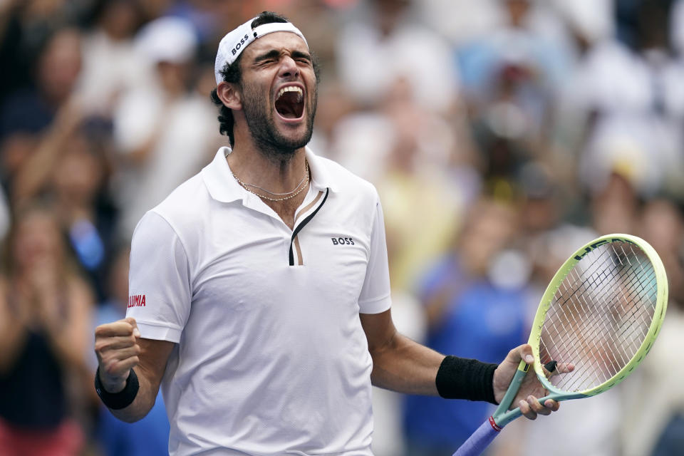 Matteo Berrettini, of Italy, reacts after defeating Alejandro Davidovich Fokina, of Spain, during the fourth round of the U.S. Open tennis championships, Sunday, Sept. 4, 2022, in New York. (AP Photo/Julia Nikhinson)