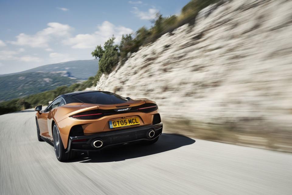 <p>The McLaren GT is powered by a twin-turbocharged 4.0-liter V-8 that cranks out 612 horsepower and 465 pound-feet of torque. The rear wheels receive power from the seven-speed automatic transmission.</p>