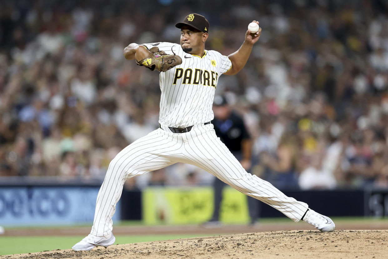 San Diego Padres relief pitcher Wandy Peralta throws during the seventh inning of a baseball game against the San Francisco Giants, Saturday, Sept. 7, 2024, in San Diego. (AP Photo/Ryan Sun)