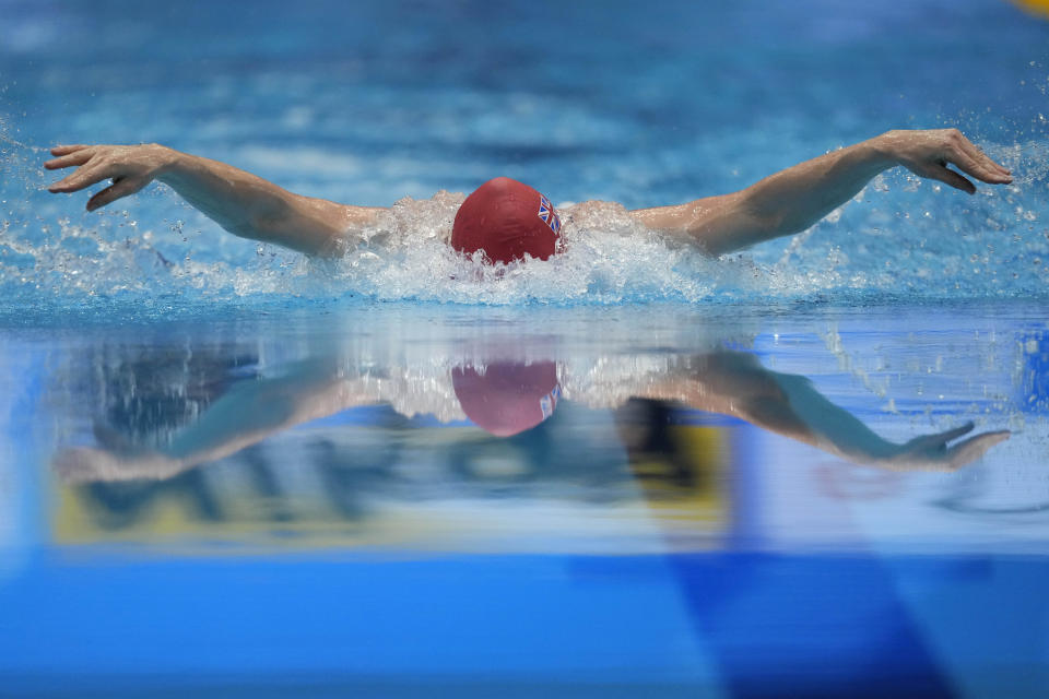 Laura Stephens of Britain competes during the women's 200m butterfly swimming semifinal at the World Swimming Championships in Fukuoka, Japan, Wednesday, July 26, 2023. (AP Photo/Lee Jin-man)