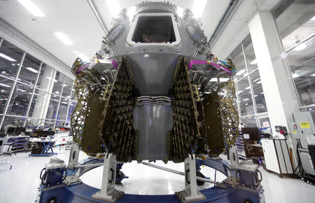 FILE PHOTO: The SpaceX space craft Crew Dragon is shown being built inside a cleanroom at SpaceX headquarters in Hawthorne, California, U.S. August 13, 2018. REUTERS/Mike Blake/File Photo