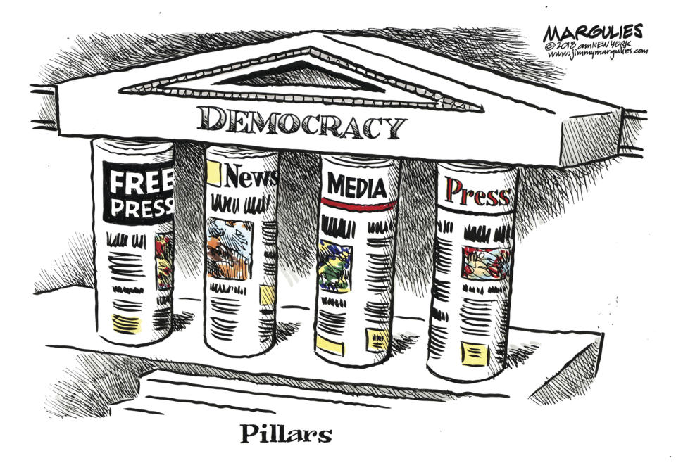 "Pillars" del caricaturista de King Features Jimmy Margulies en una imagen proporcionada por Jimmy Margulies. La pieza forma parte de la exposición "Front Line: Editorial Cartoonists and the First Amendment" abierta al público hasta octubre en la Biblioteca y Museo de la Caricatura Billy Ireland de Ohio State University en Columbus, Ohio. (Jimmy Margulies vía AP)