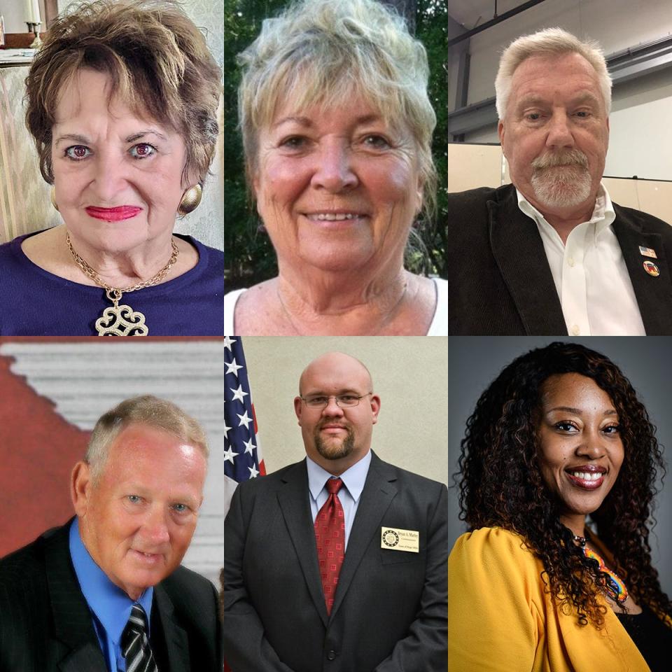 Candidates for Hope Mills Commissioner, from top left clockwise, Elyse Craver, Pat Edwards, Mark Hess, Kenjuana McCray, Bryan Marley and Jerry Legge.