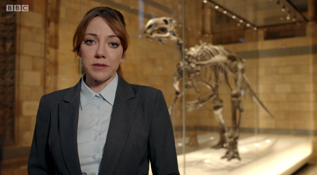 Diane Morgan as Philomena Cunk with “Tyrannical Sawdust Rex”. (BBC)