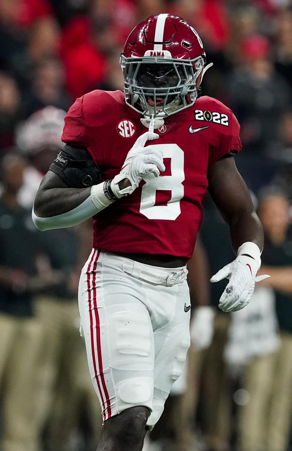 Jan 10, 2022; Indianapolis, IN, USA; Alabama linebacker Christian Harris (8) celebrates a sack against Georgia during the 2022 CFP college football national championship game at Lucas Oil Stadium. Mandatory Credit: Gary Cosby Jr.-USA TODAY Sports