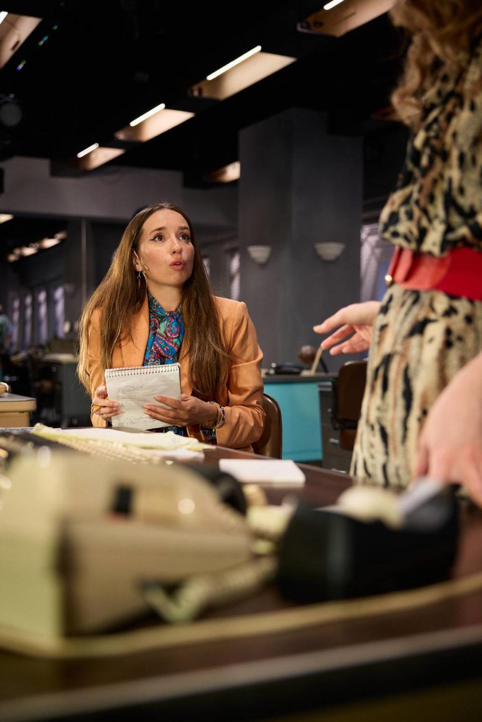 Krystal Millie Valdes as Anna listens to orders from Caitlin Clouthier’s Edna Buchanan in the Miami New Drama world premiere of Nicholas Griffin’s “Dangerous Days.” Photo courtesy of FURIOSA Productions