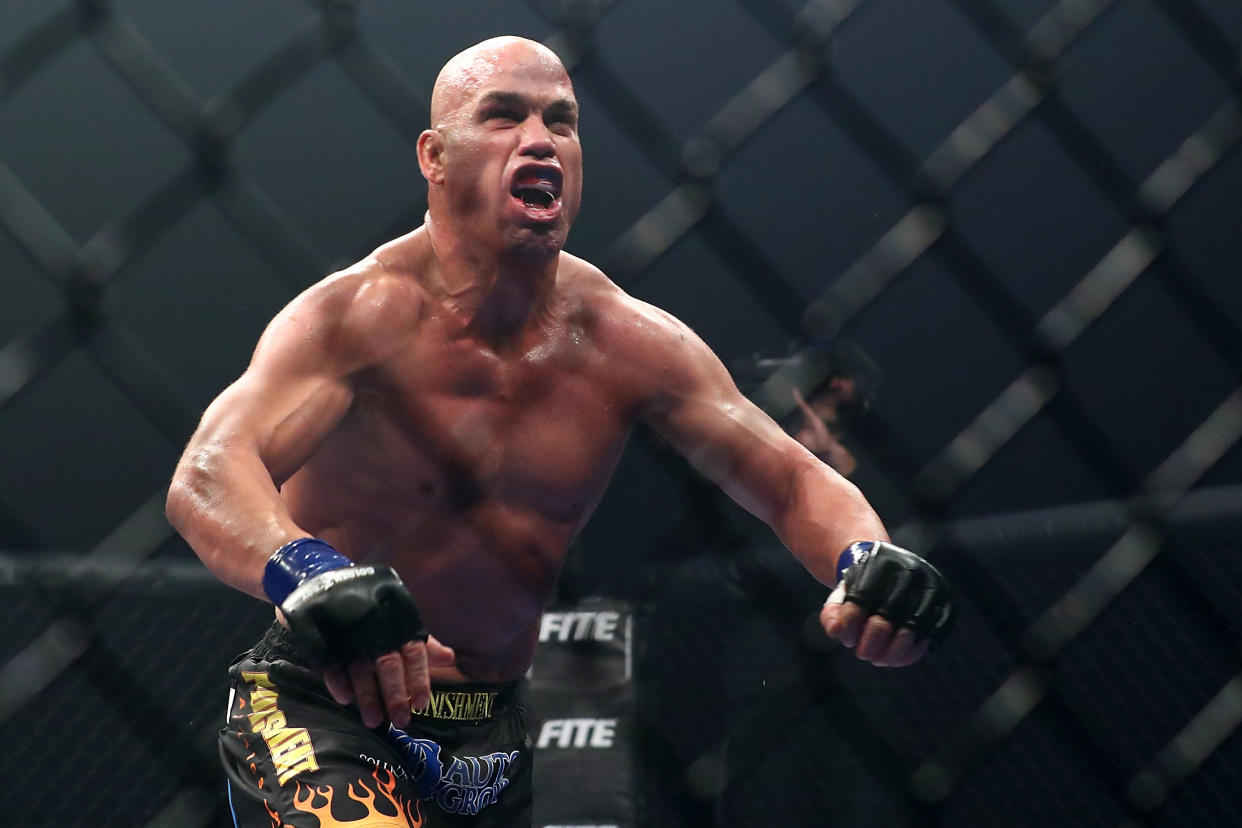 INGLEWOOD, CA - NOVEMBER 24:  Tito Ortiz celebrates his win after one round against Chuck Liddell during the Light Heavyweight bout at The Forum on November 24, 2018 in Inglewood, California. (Photo by Joe Scarnici/Getty Images)