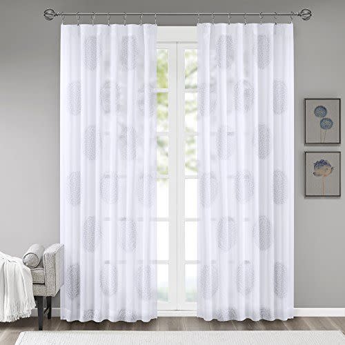11) Madison Park Pattern Voile Bedroom, Modern Contemporary White Sheers Curtains with Rod Pocket or Back Tab, 1-Panel Pack, 50x84, Circle Grey