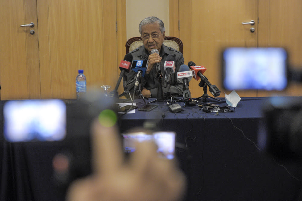 Pejuang chairman Tun Mahathir Mohamad speaks to the media during a press conference at Perdana Leadership Foundation in Putrajaya January 7, 2021. — Picture by Shafwan Zaidon