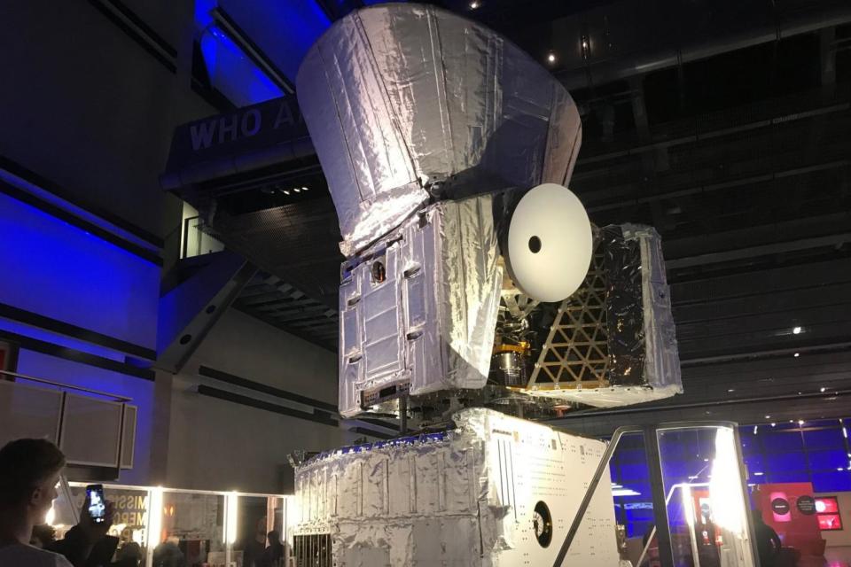 A life size mock-up of the BepiColombo spacecraft, on display at the Science Museum in London (PA)