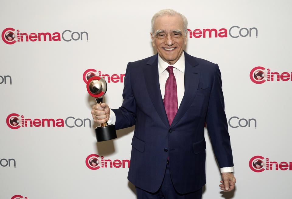 Director Martin Scorsese holds up his "Legend of Cinema" award at CinemaCon 2023, the official convention of the National Association of Theatre Owners (NATO) at Caesars Palace, Thursday, April 27, 2023, in Las Vegas. (AP Photo/Chris Pizzello)