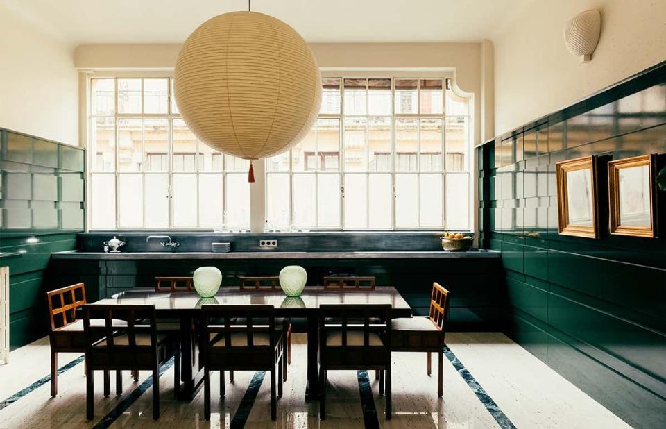 A kitchen with frosted windows