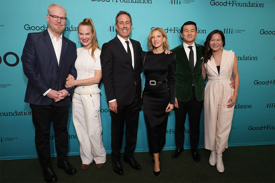 Jim Gaffigan, Jeannie Gaffigan, Jerry Seinfeld, Jessica Seinfeld, Ronny Chieng, and Hannah Pham attend the 2023 Good Foundation A Very Good Night of Comedy Benefit at Carnegie Hall on October 18, 2023 in New York City.