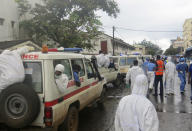 <p>Rescue workers and Ambulances are seen outside Connaught hospital morgue in Sierra Leone, Freetown, Aug. 16, 2017. (Photo: Manika Kamara/AP) </p>