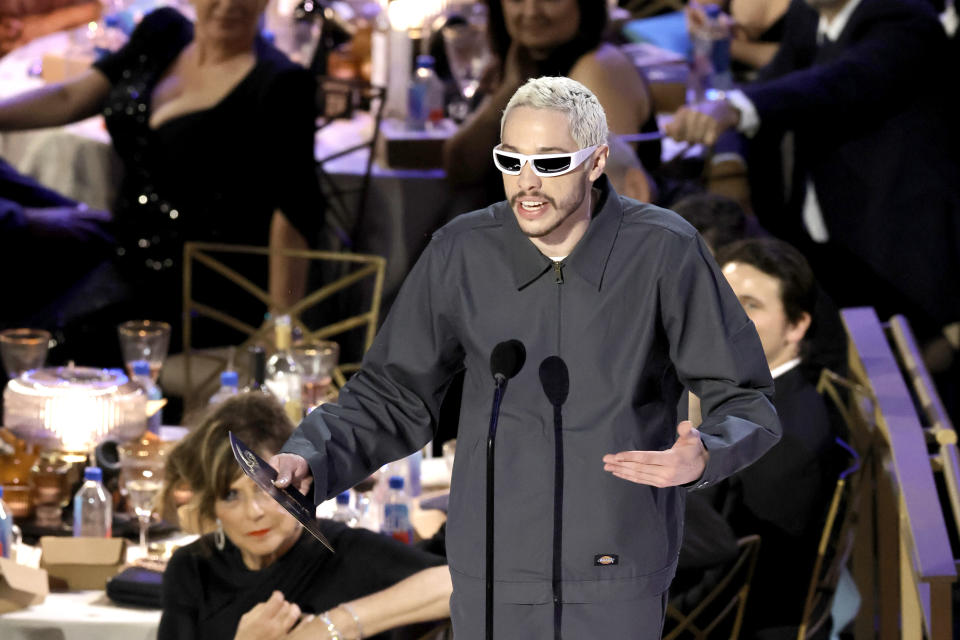 LOS ANGELES, CALIFORNIA - SEPTEMBER 12: Pete Davidson speaks onstage during the 74th Primetime Emmys at Microsoft Theater on September 12, 2022 in Los Angeles, California. (Photo by Kevin Winter/Getty Images)