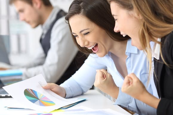 Two young women get excited over a pie chart.