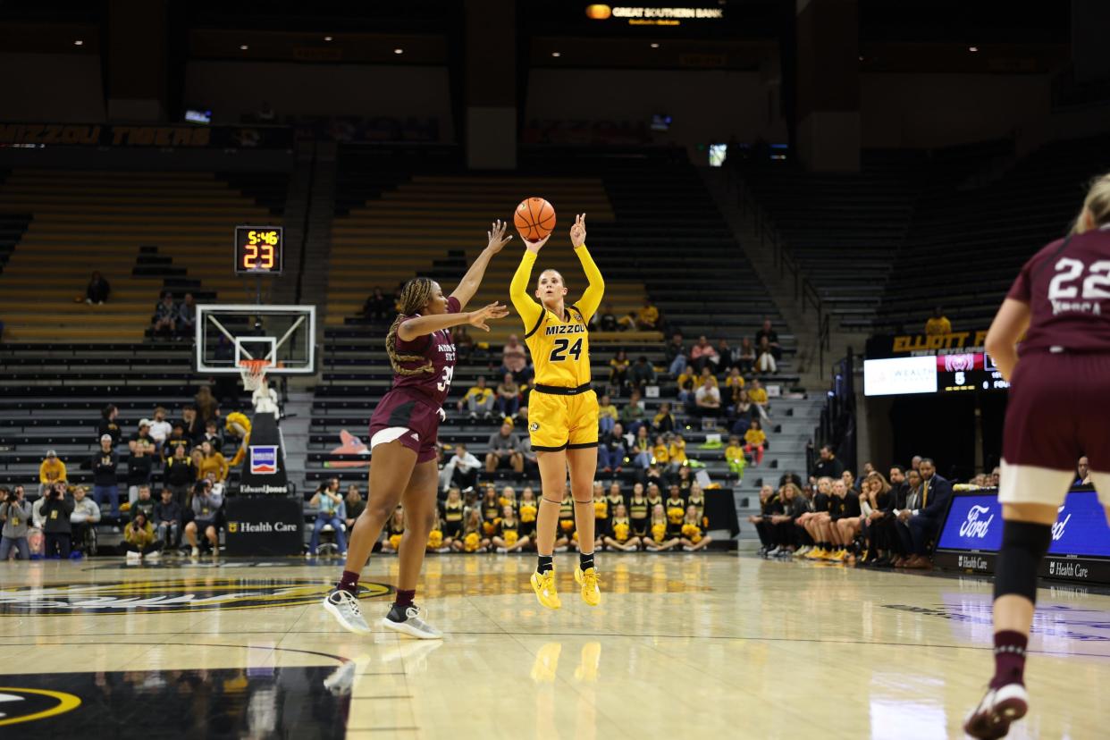 Missouri guard Ashton Judd fires a 3-point shot during a game against Missouri State at Mizzou Arena on Dec. 6, 2023, in Columbia, Mo.