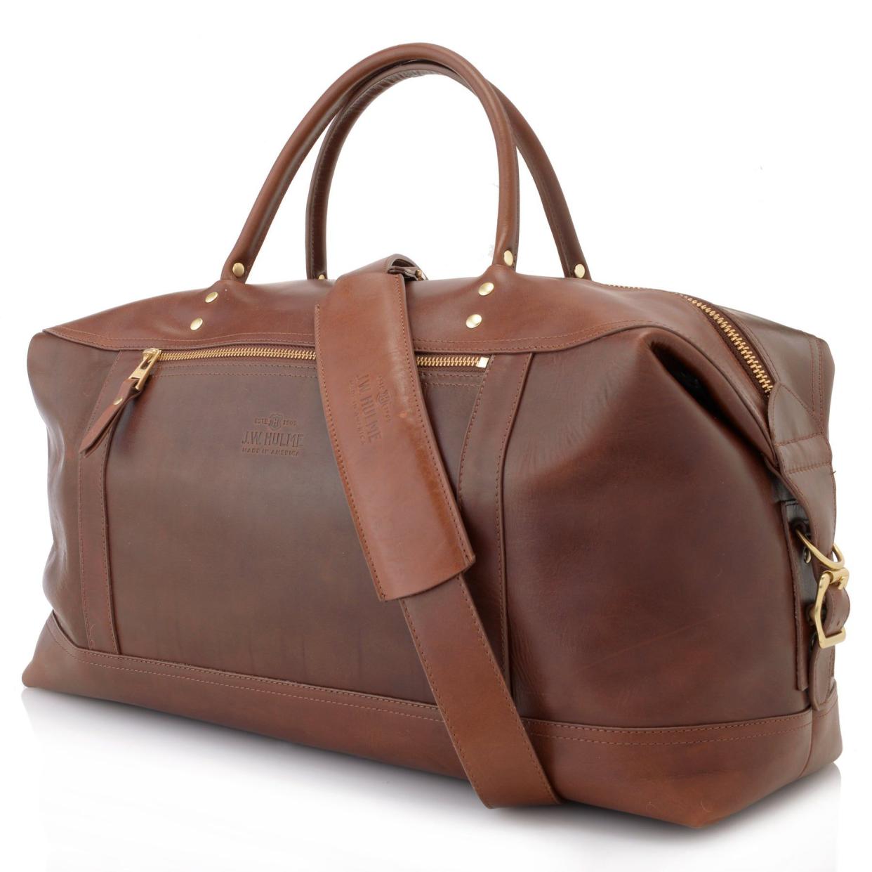 J.W. Hulme Co. weekend duffle bag in brown leather.