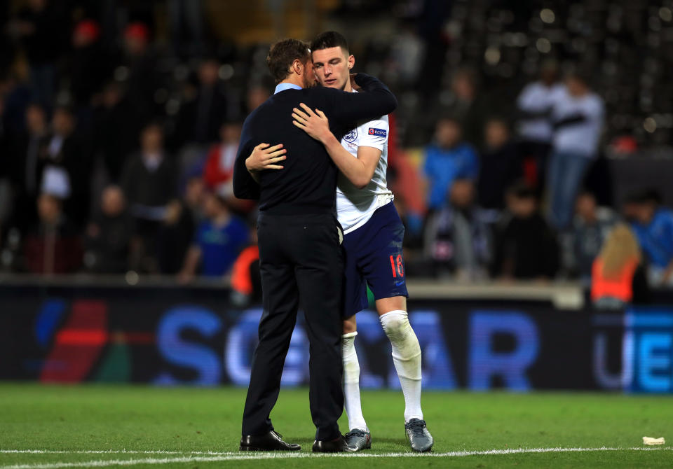 England head coach Gareth Southgate (left) and Declan Rice after the Nations League Semi Final at Estadio D. Alfonso Henriques, Guimaraes.