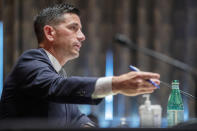 Acting Secretary of Homeland Security Chad Wolf testifies before the Senate Homeland Security and Governmental Affairs committee during his confirmation hearing, Wednesday, Sept. 23, 2020 on Captiol Hill in Washington. (Shawn Thew/Pool via AP)