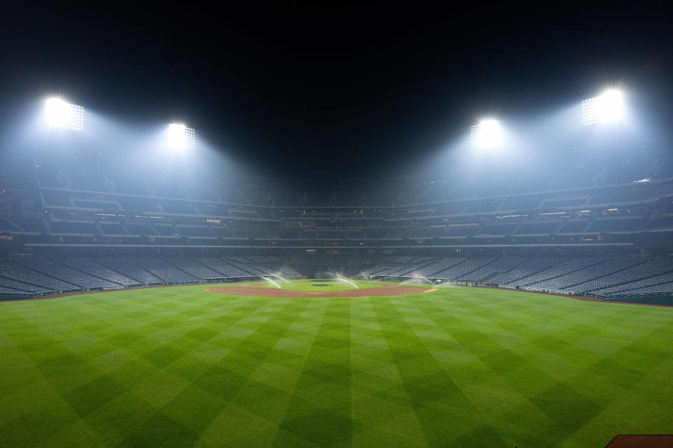 A view of empty Citizens Bank Park in Philadelphia shows smoke from Canadian wildfires after a game between the Philadelphia Phillies and the Detroit Tigers on June 6.
