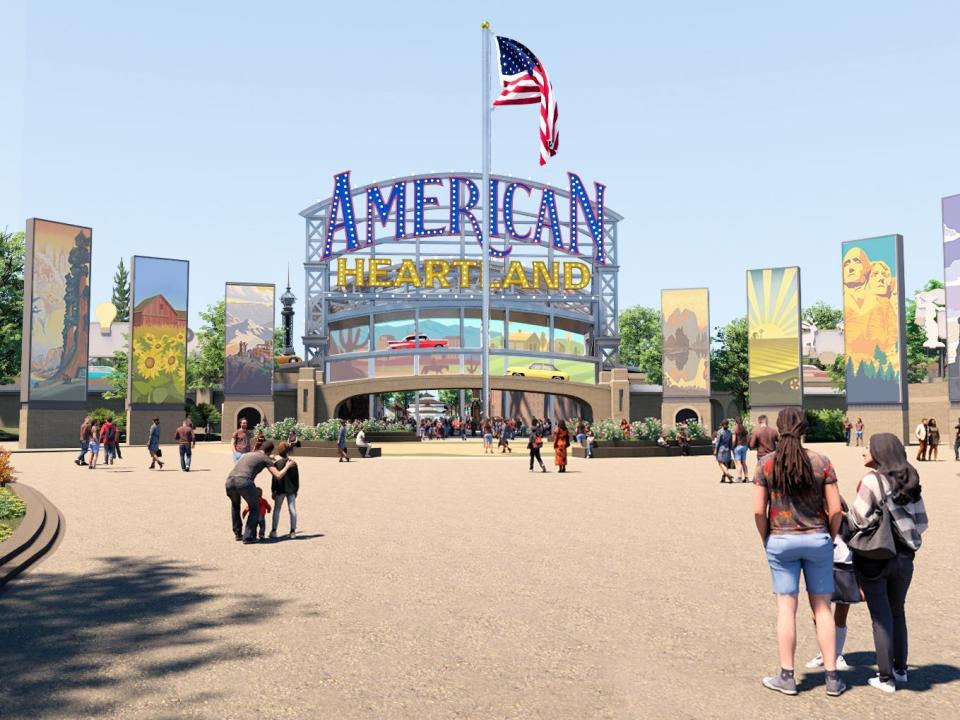 An illustration of the planned American Heartland Theme Park entrance.