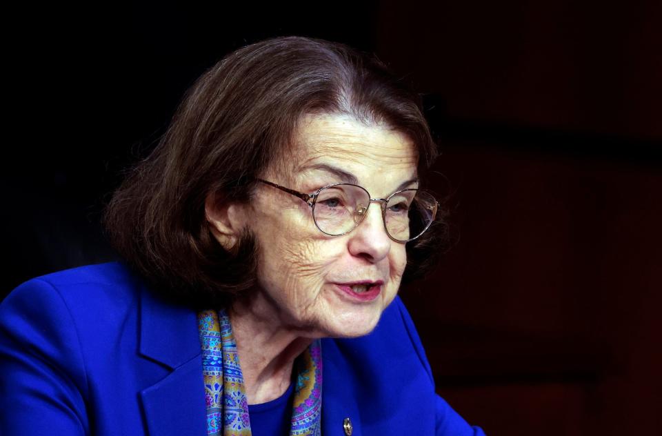 Democratic Sen. Dianne Feinstein of California, wearing her glasses and bright blue blazer, speaks during the Senate Judiciary Committee confirmation hearing for US Supreme Court nominee Judge Ketanji Brown, in the Hart Senate Office Building on Capitol Hill March 21, 2022 in Washington, DC.