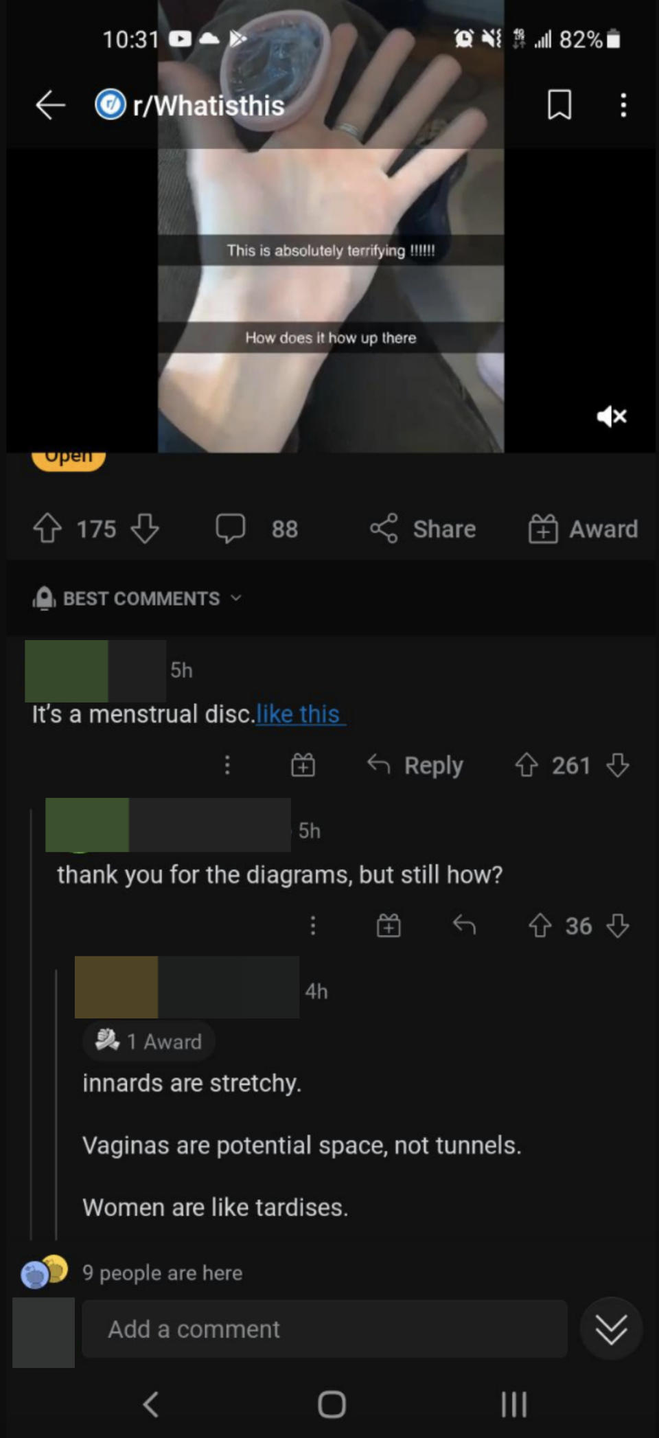 "vaginas are potential space not tunnels" in response to a photo asking what the menstrual disc was