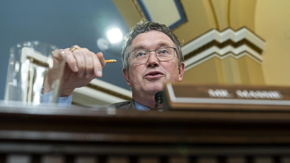 Rep. Thomas Massie (R-Ky.) asks questions about the National Instant Criminal Background Check System in the veterans affairs appropriations bill during a House Rules Committee business meeting on Monday, June 3, 2024.