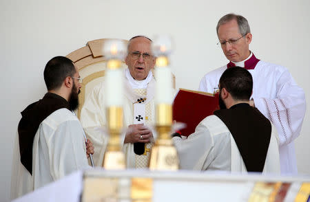 Pope Francis celebrates a mass in San Giovanni Rotondo, Italy March 17, 2018. REUTERS/Tony Gentile