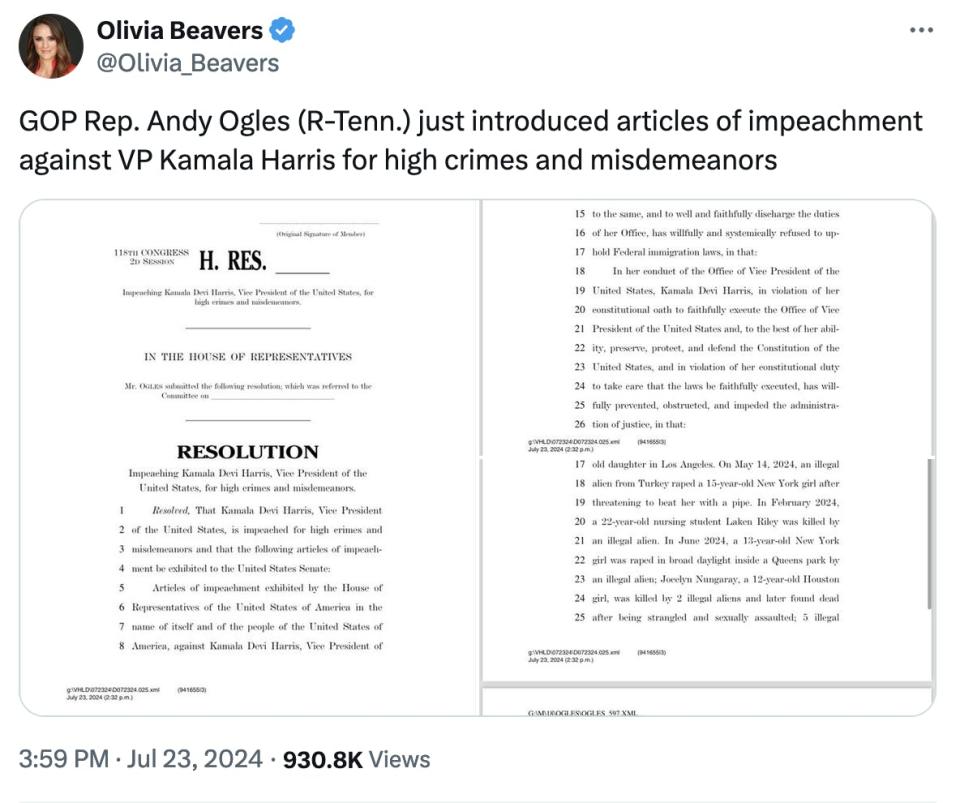 Twitter screenshot Olivia Beavers @Olivia_Beavers
GOP Rep. Andy Ogles (R-Tenn.) just introduced articles of impeachment against VP Kamala Harris for high crimes and misdemeanors

(with screenshot of two pages of the bill text)