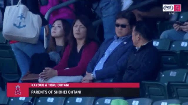 <p>Fox Sports</p> Toru and Kayoko Ohtani at an Los Angeles Angels game.