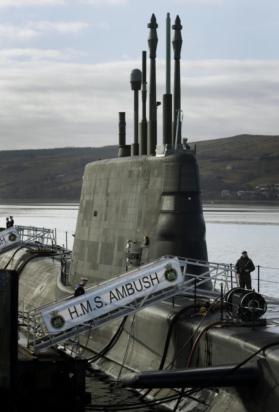 A view of HMS Ambush, Britain’s most advanced attack submarine, ahead of its commissioning ceremony at Faslane naval base in Scotland. The Royal Navy did not confirm which submarine was involved. (PA)