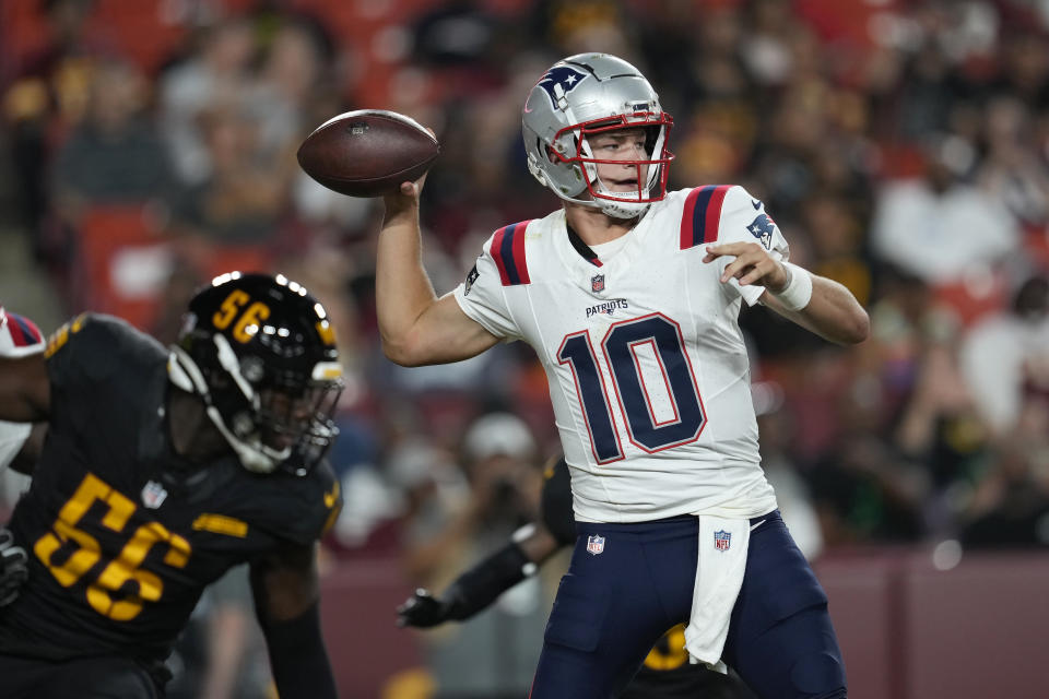 New England Patriots quarterback Drake Maye (10) throws a pass against the Washington Commanders in the final game of the preseason on Sunday. (AP Photo/George Walker IV)