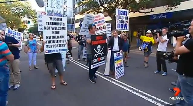 Hundreds of anti-Muslim right wing protesters were expected, less than two dozen appeared. Photo: 7 News