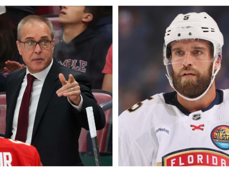 Paul Maurice, left, played junior hockey and started his coaching career in Windsor, Ont. Aaron Ekblad is from Windsor and has been with the Florida Panthers since being taken first overall in the 2014 NHL draft. (Bruce Bennett/Getty Images - image credit)