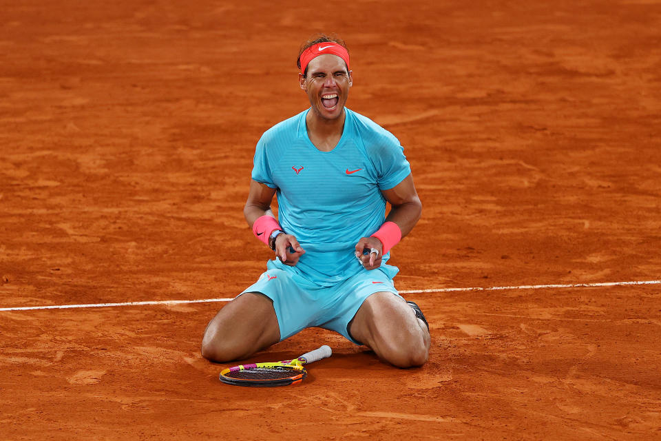Rafael Nadal celebrates after winning the French Open on Sunday. (Photo by Julian Finney/Getty Images)