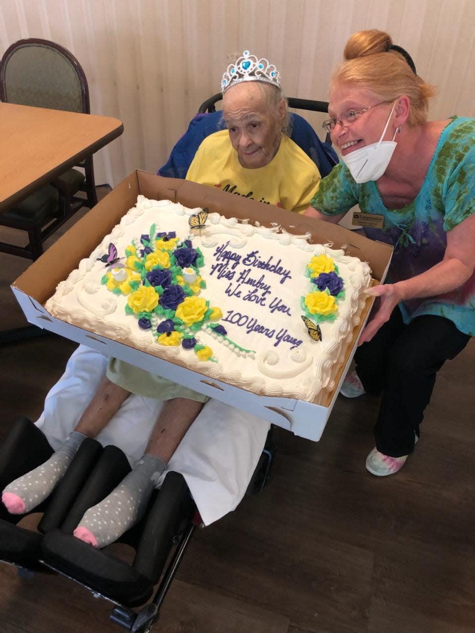 Ambry Bivins and Chondra Gingerich, activities director at Longmeadow Care Center. Bivins recently celebrated her 100th birthday.