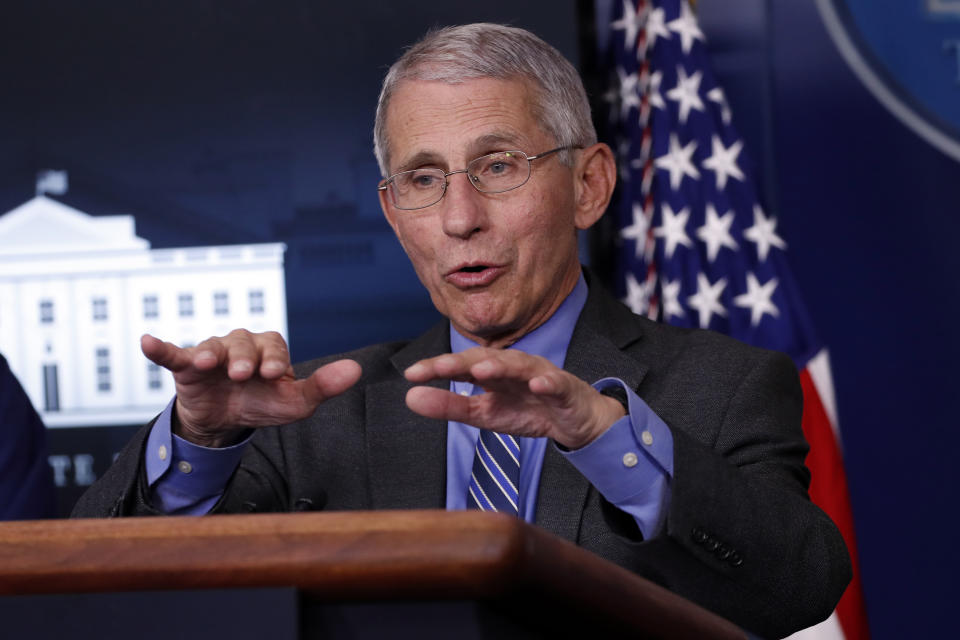 Dr. Anthony Fauci, director of the National Institute of Allergy and Infectious Diseases, speaks about the coronavirus in the James Brady Press Briefing Room of the White House, Monday, April 6, 2020, in Washington. (AP Photo/Alex Brandon)